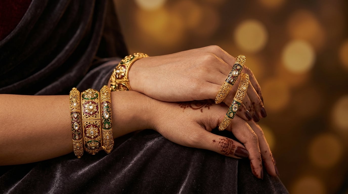 Model showcasing silver bangles close-up on slate runway background