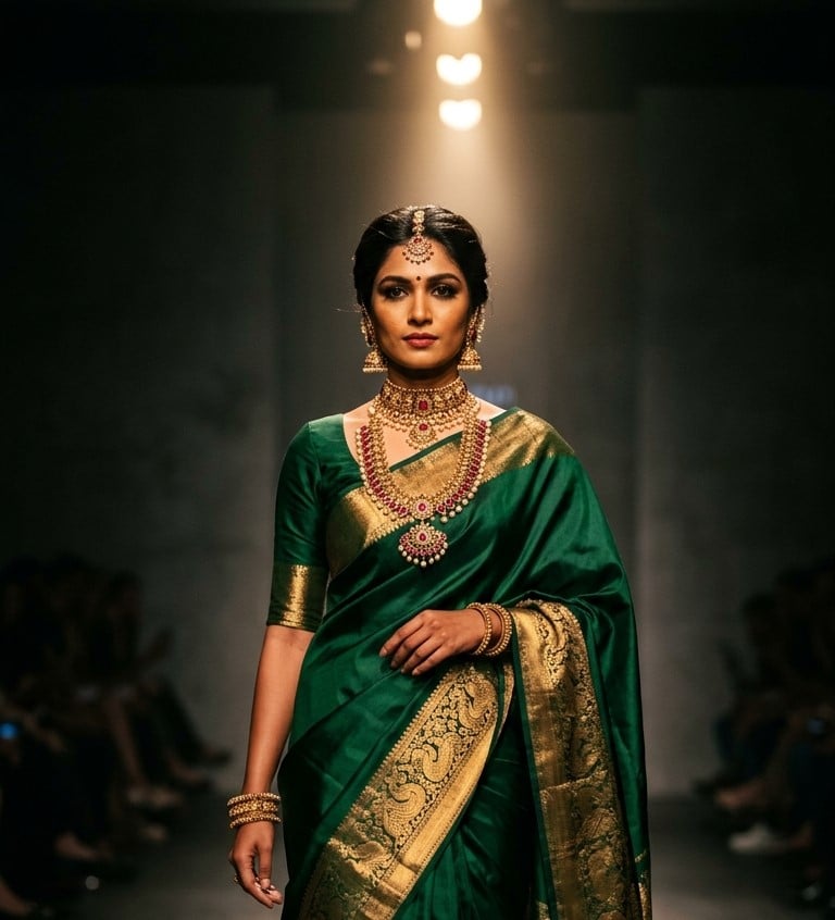 Royal model in emerald green silk walking runway wearing antique temple gold choker