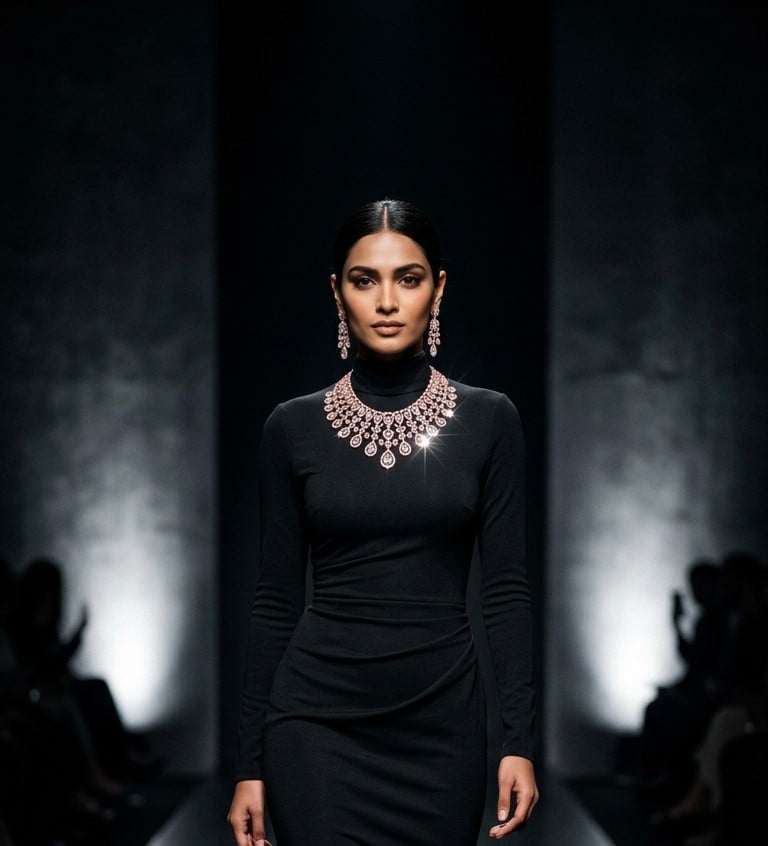 High-fashion model in sleek black gown walking runway wearing CZ solitaire diamond set