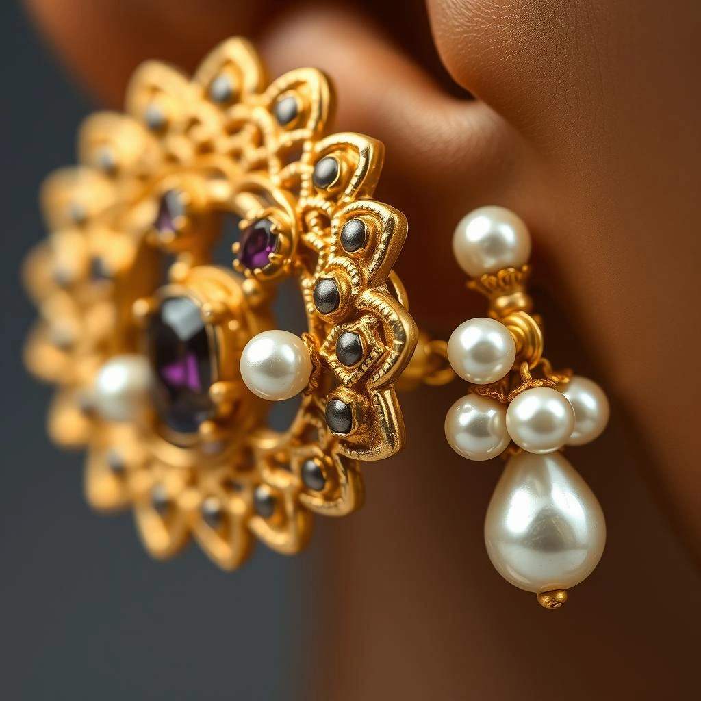 Antique 1-Gram Gold Geometric Jali Work Ear Cuffs with Pearl Drops - Macro Detail Craftsmanship Focus