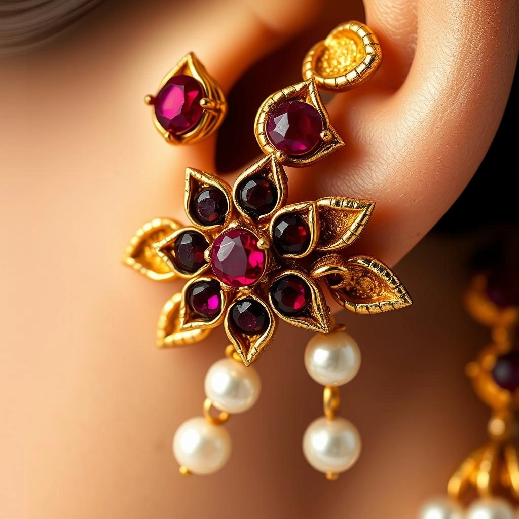Antique 1-Gram Gold Plated Floral Ear Cuffs with Ruby Studs & Pearl Drops - Macro Detail Craftsmanship Focus
