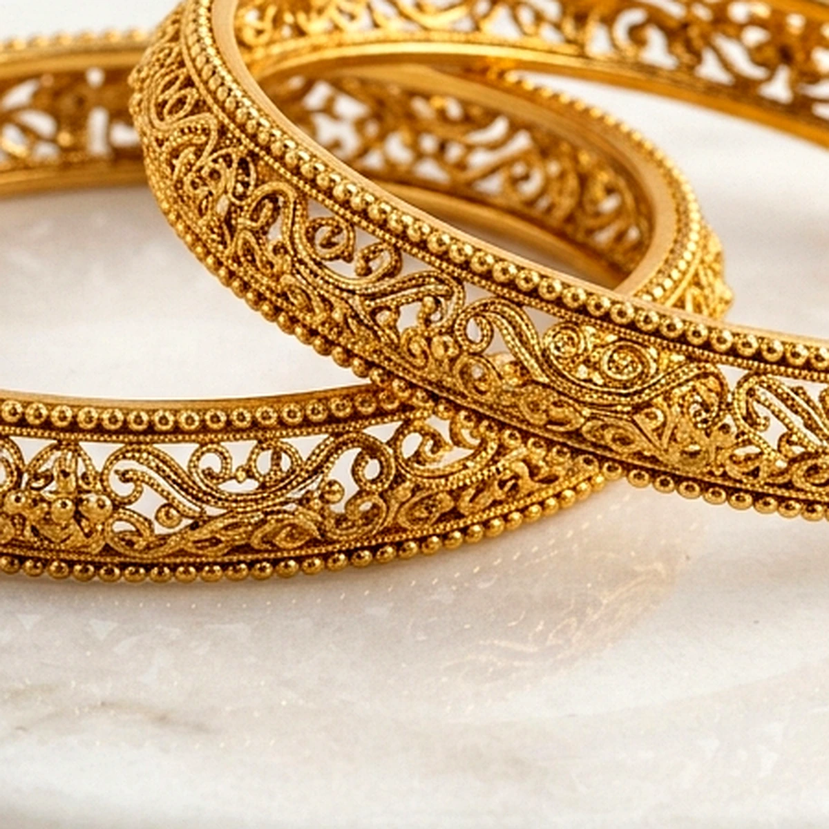 1-Gram Gold Antique Filigree Patla Bangles (Pair of 2) - Macro Craftsmanship Detail View