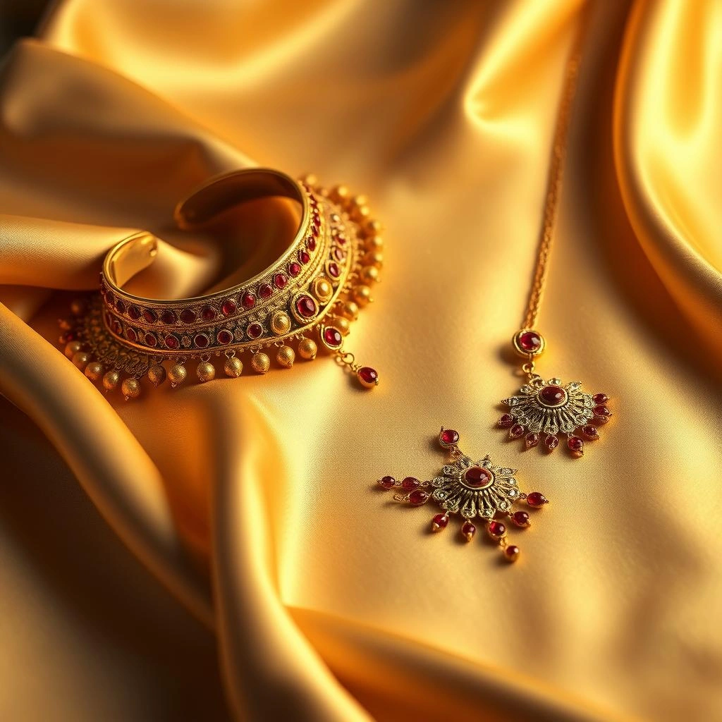 Antique Gold Kundan & Kemp Ruby Medallion Choker and Rani Haar Set - 45° Hero Perspective Angle