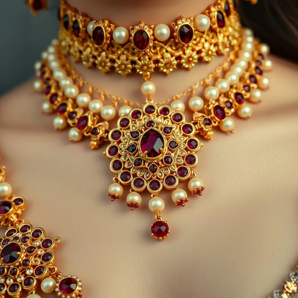 Antique Gold Kundan & Kemp Ruby Medallion Choker and Rani Haar Set - Macro Detail Craftsmanship Focus