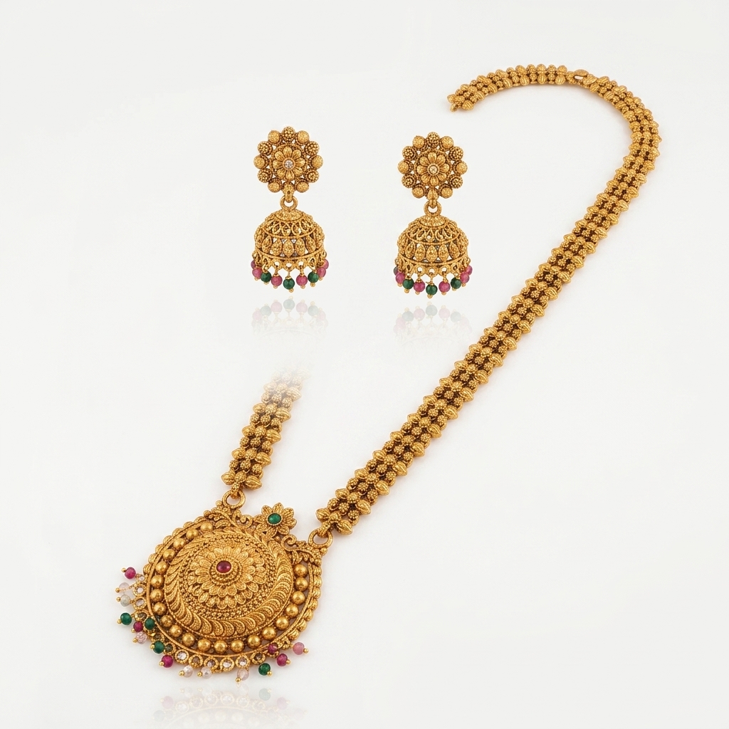 Antique Matte Gold Temple Long Haar Set with Jhumkas - 45° Hero Perspective Angle
