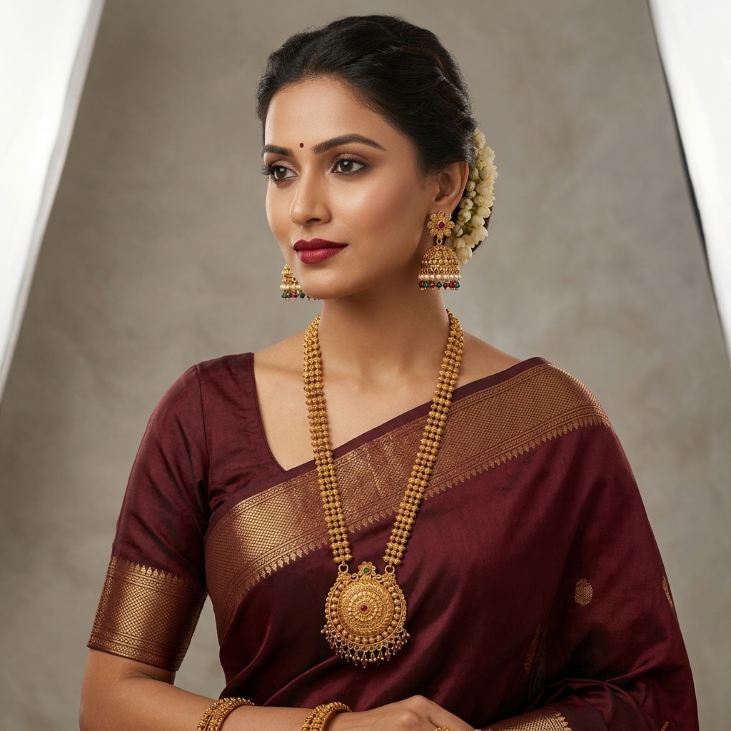 Antique Matte Gold Temple Long Haar Set with Jhumkas - On-Model Luxury Lifestyle Shot
