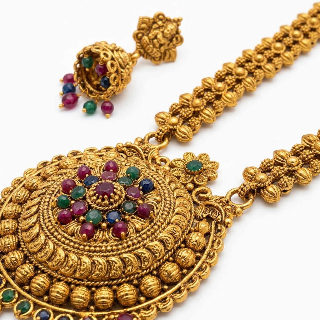 Antique Matte Gold Temple Long Haar Set with Jhumkas - Macro Detail Craftsmanship Focus