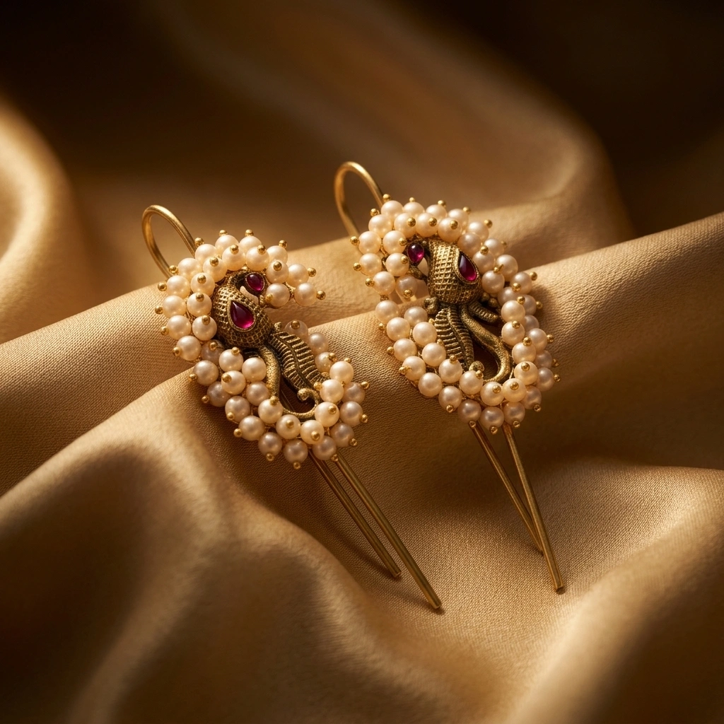 Antique Gold Peacock Motif Pearl Ear Cuffs (Kaanphool) - 45° Hero Perspective Angle on Champagne Silk