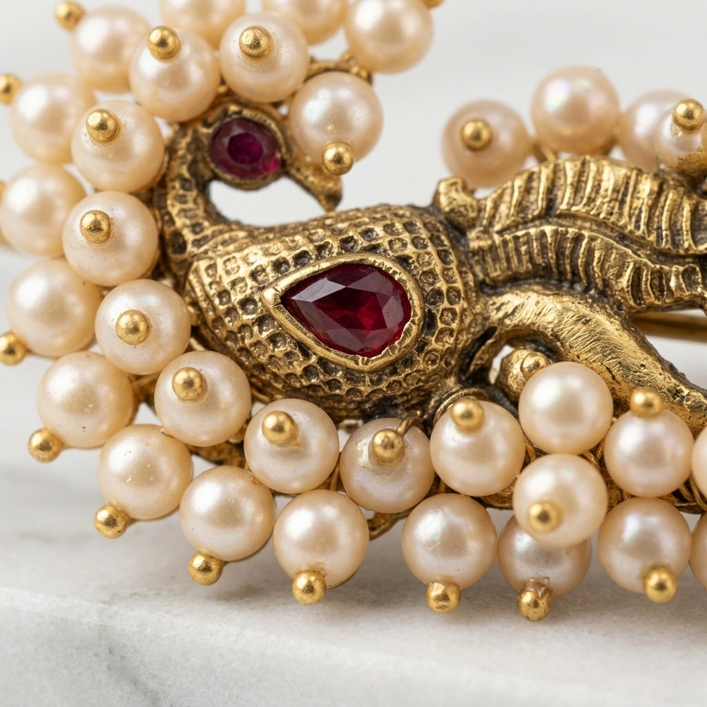 Antique Gold Peacock Motif Pearl Ear Cuffs (Kaanphool) - Extreme Macro Detail Craftsmanship Focus