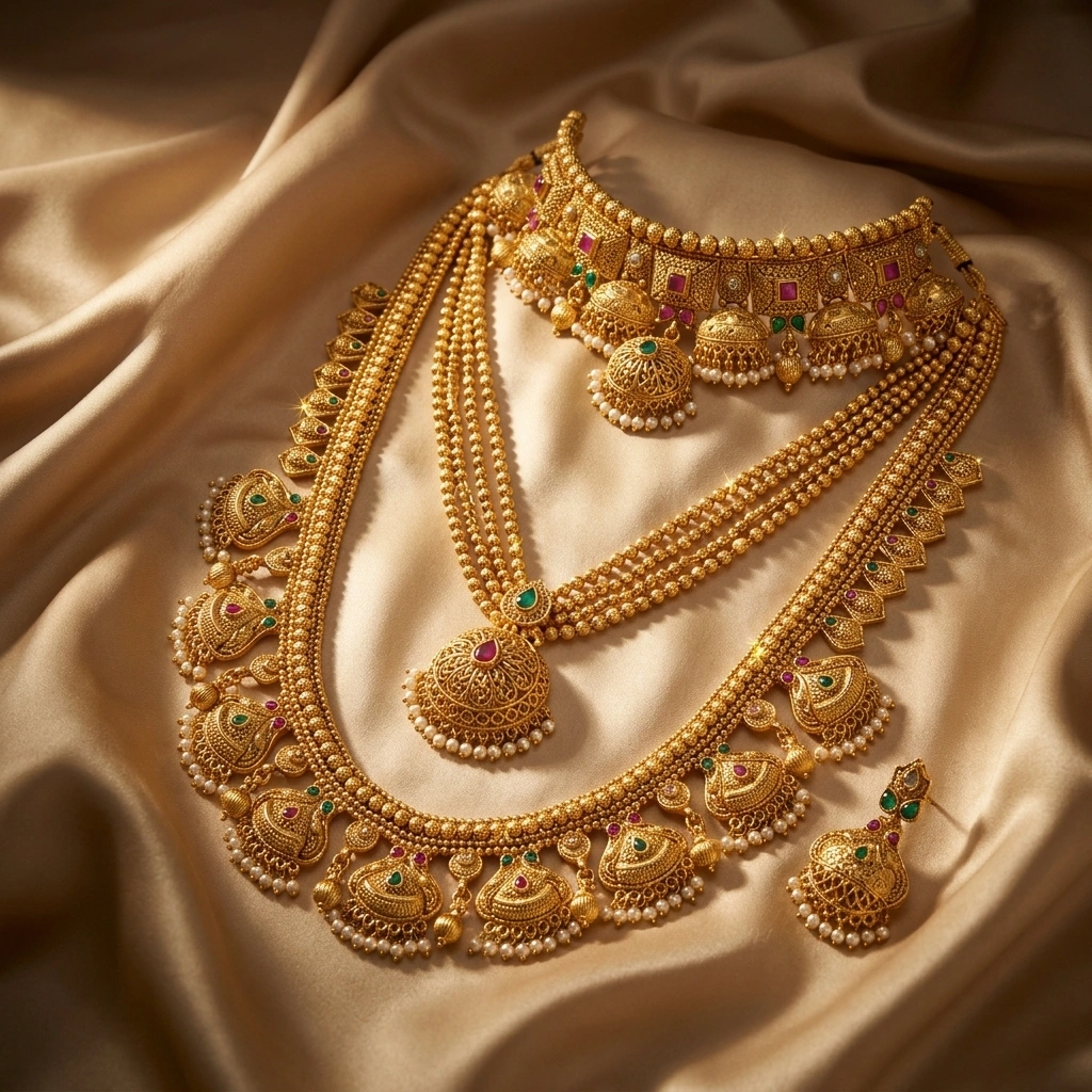 Bridal 1-Gram Gold Plated Dome Locket Choker & Multi-Strand Rani Haar Combo Set - 45° Hero Perspective Angle
