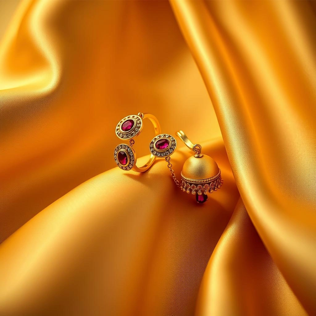 Classic 1-Gram Gold Double Jhumki Kaan Cuffs with Ruby Accents - 45° Hero Perspective Angle