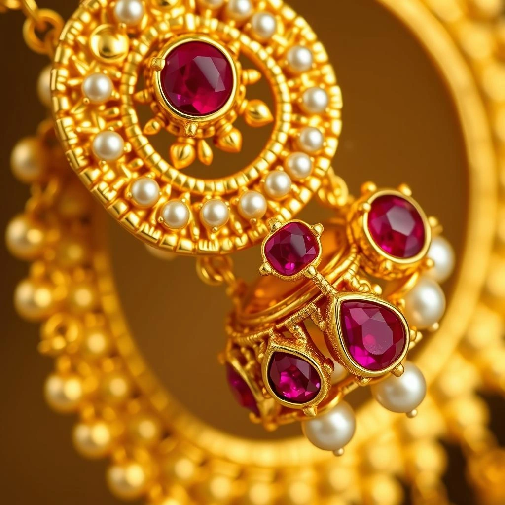 Classic 1-Gram Gold Double Jhumki Kaan Cuffs with Ruby Accents - Macro Detail Craftsmanship Focus