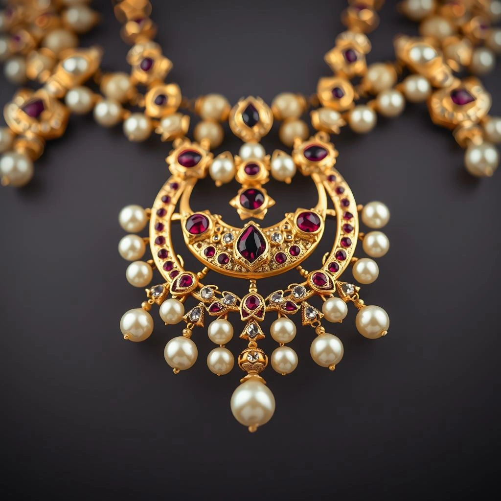 Crescent Moon Chand Kemp Ruby Studded Choker Necklace Set - Macro Detail Craftsmanship Focus