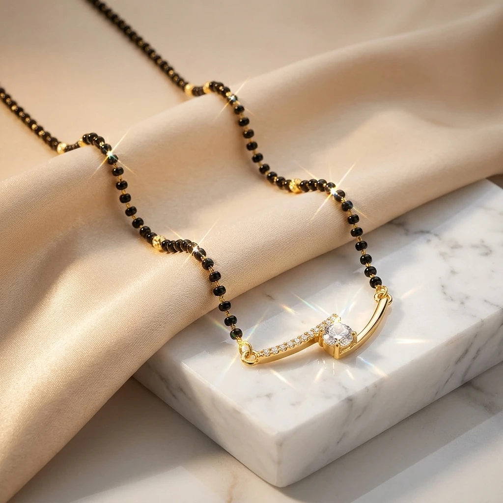 Rose Gold Crossover Wave Solitaire Bar Short Mangalsutra - 45° Hero Perspective Angle