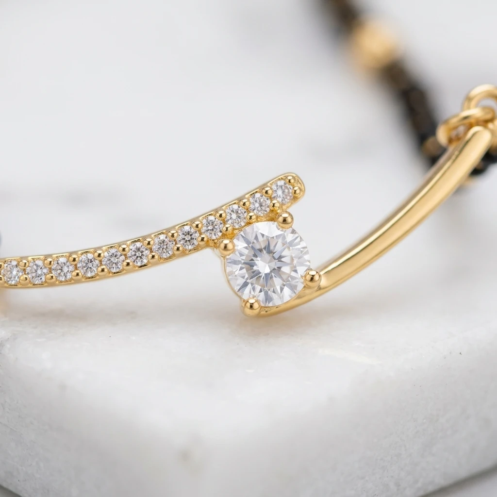 Rose Gold Crossover Wave Solitaire Bar Short Mangalsutra - Macro Detail Craftsmanship Focus
