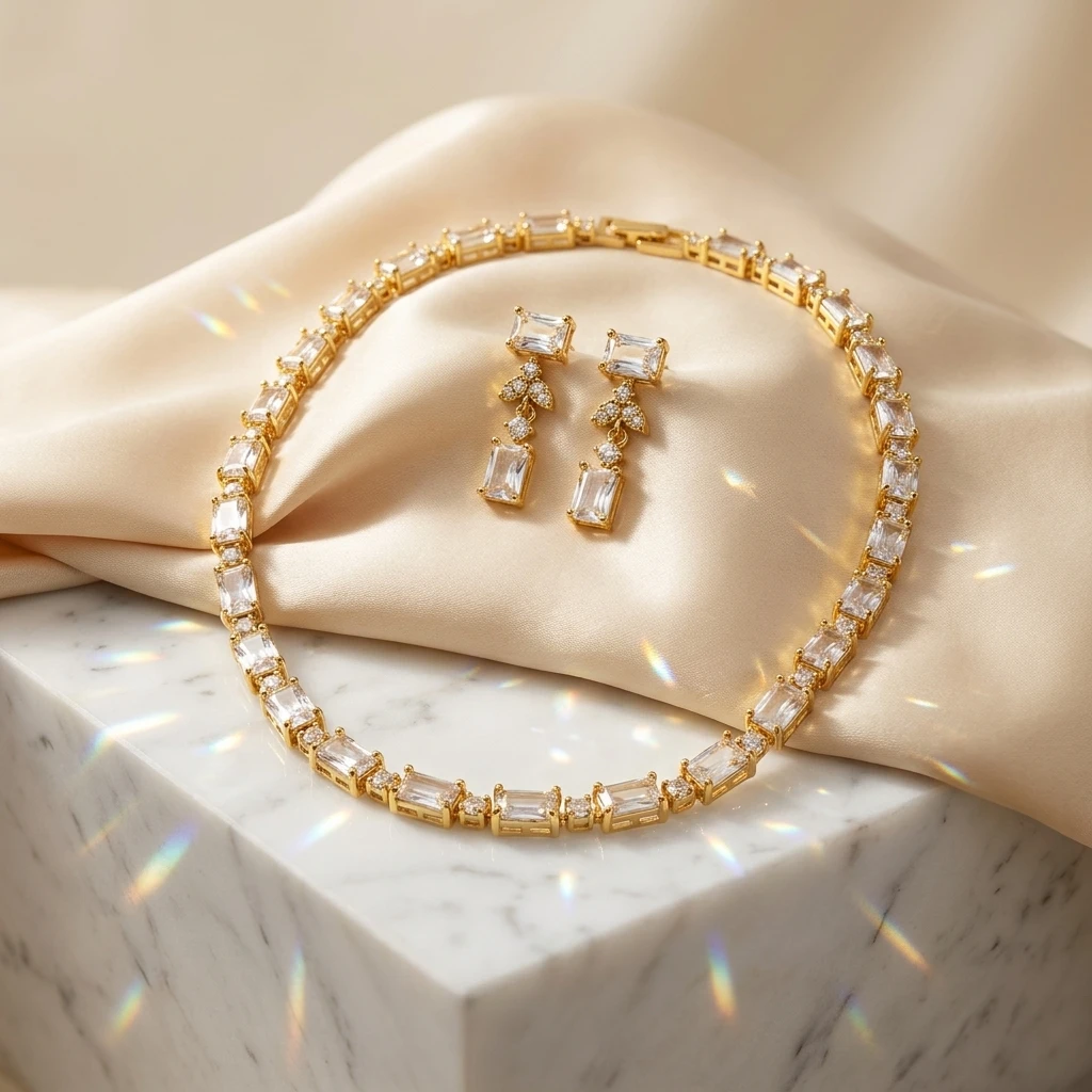 Classic Crystal Baguette AD Tennis Choker Necklace Set - 45° Hero Perspective Angle