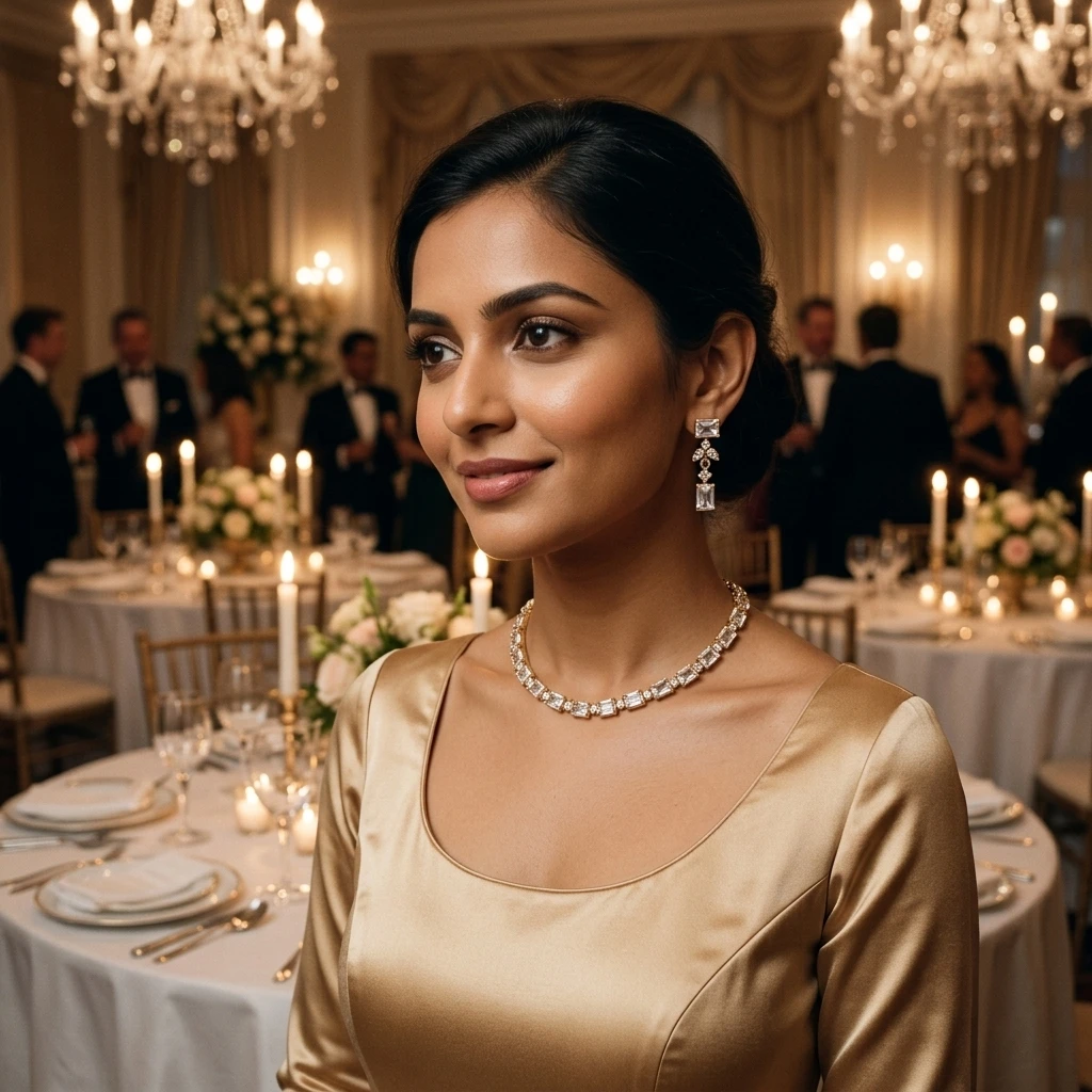 Classic Crystal Baguette AD Tennis Choker Necklace Set - On-Model Luxury Lifestyle Shot