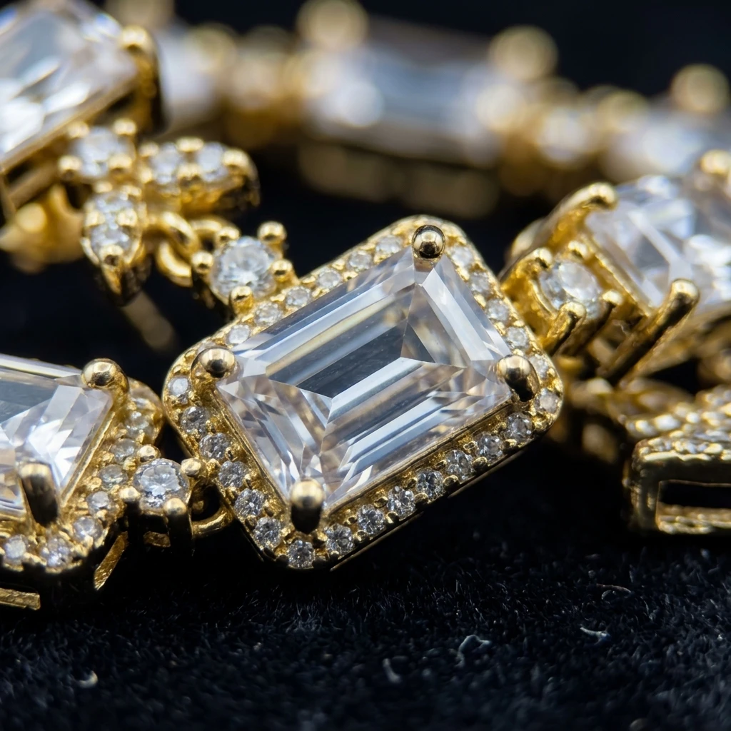 Classic Crystal Baguette AD Tennis Choker Necklace Set - Macro Detail Craftsmanship Focus