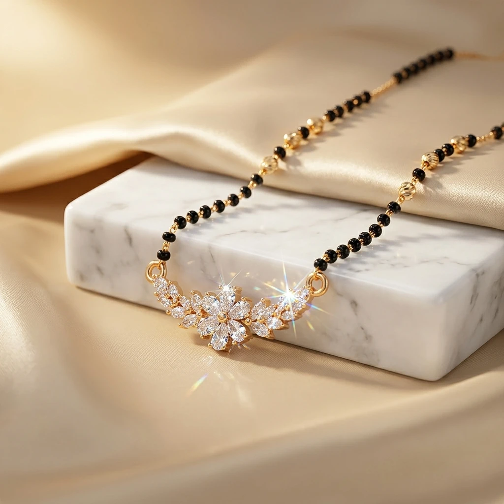 Rose Gold Curved Floral Cluster AD Short Mangalsutra