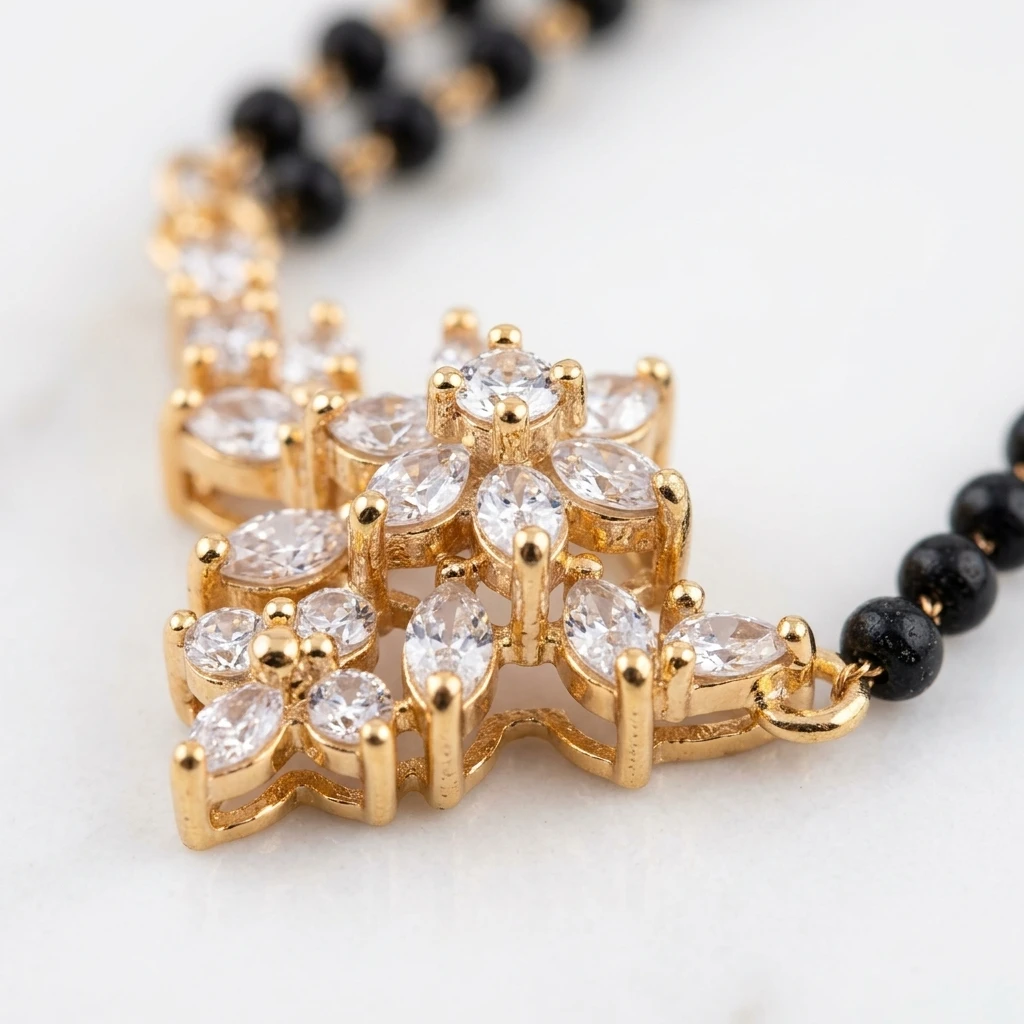 Rose Gold Curved Floral Cluster AD Short Mangalsutra - Macro Detail Craftsmanship Focus
