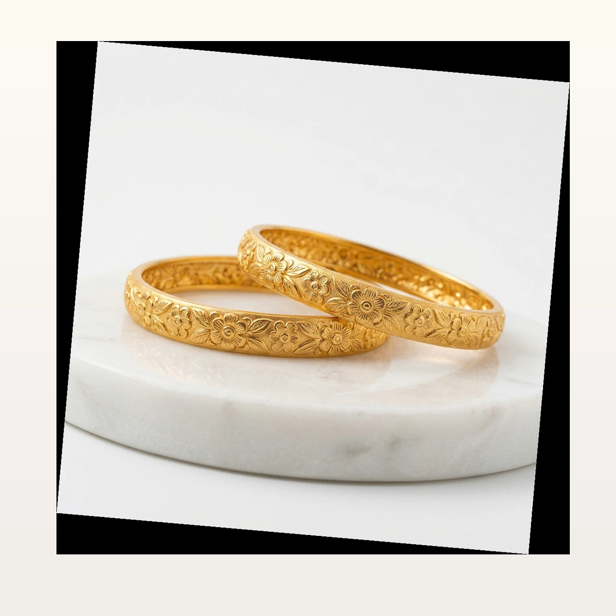 1-Gram Micro Gold Embossed Floral Bangles (Pair of 2) - 45° Hero Perspective View