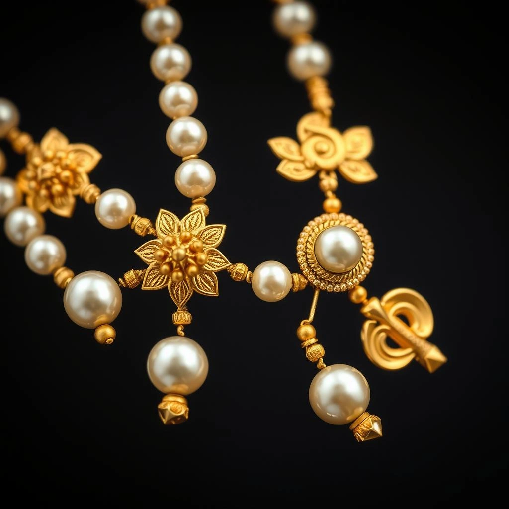 Delicate 1-Gram Gold Plated Moti Mala Kolhapuri Saaj with Golden Talisman Motifs - Macro Detail Craftsmanship Focus