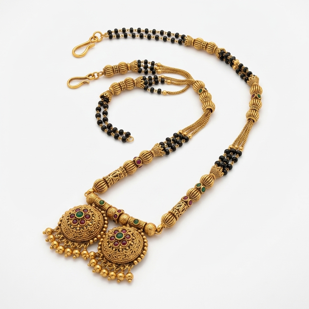 Temple Heritage Domed 2-Vati Ghungroo Long Mangalsutra - 45° Hero Perspective Angle