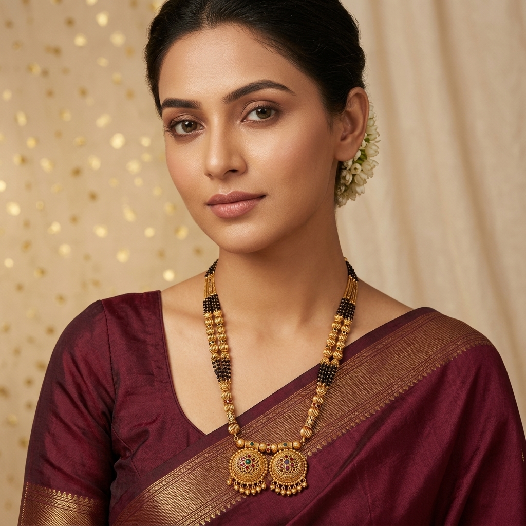 Temple Heritage Domed 2-Vati Ghungroo Long Mangalsutra - On-Model Luxury Lifestyle Shot