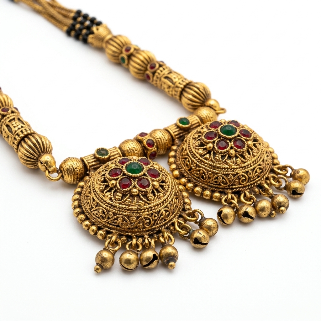 Temple Heritage Domed 2-Vati Ghungroo Long Mangalsutra - Macro Detail Craftsmanship Focus