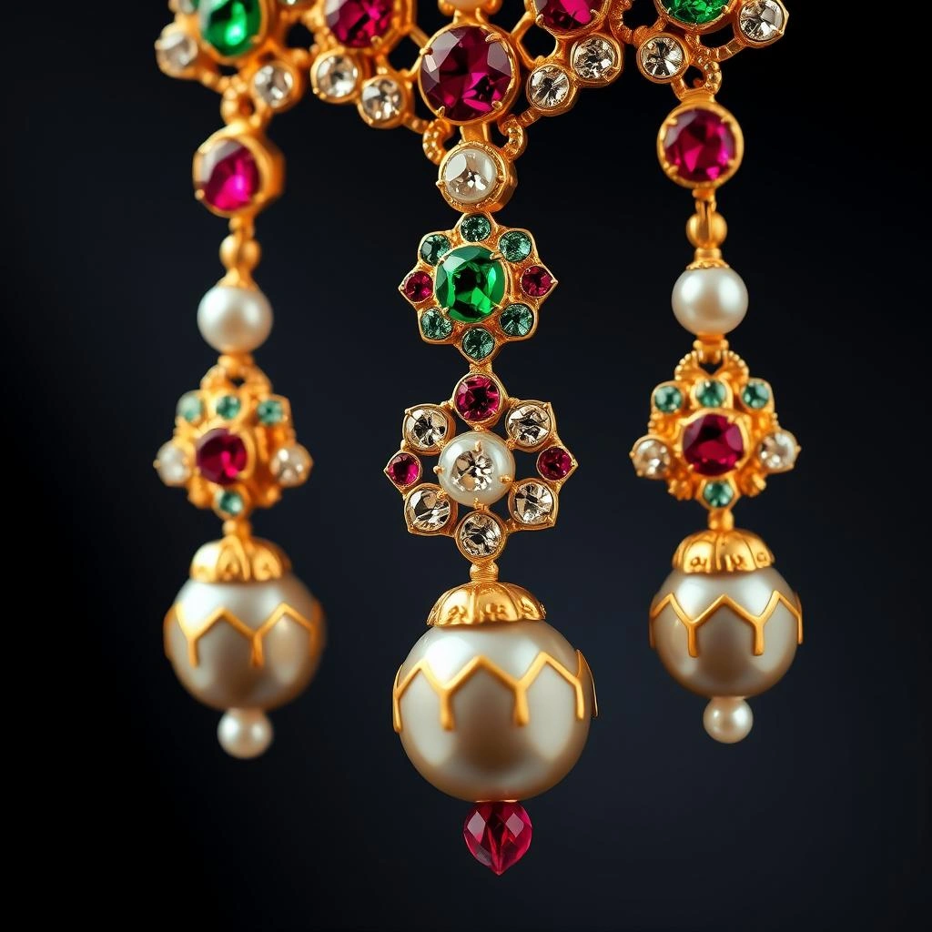 Double Line Kemp Ruby-Emerald Mango Drop Long Haar Set - Macro Detail Craftsmanship Focus