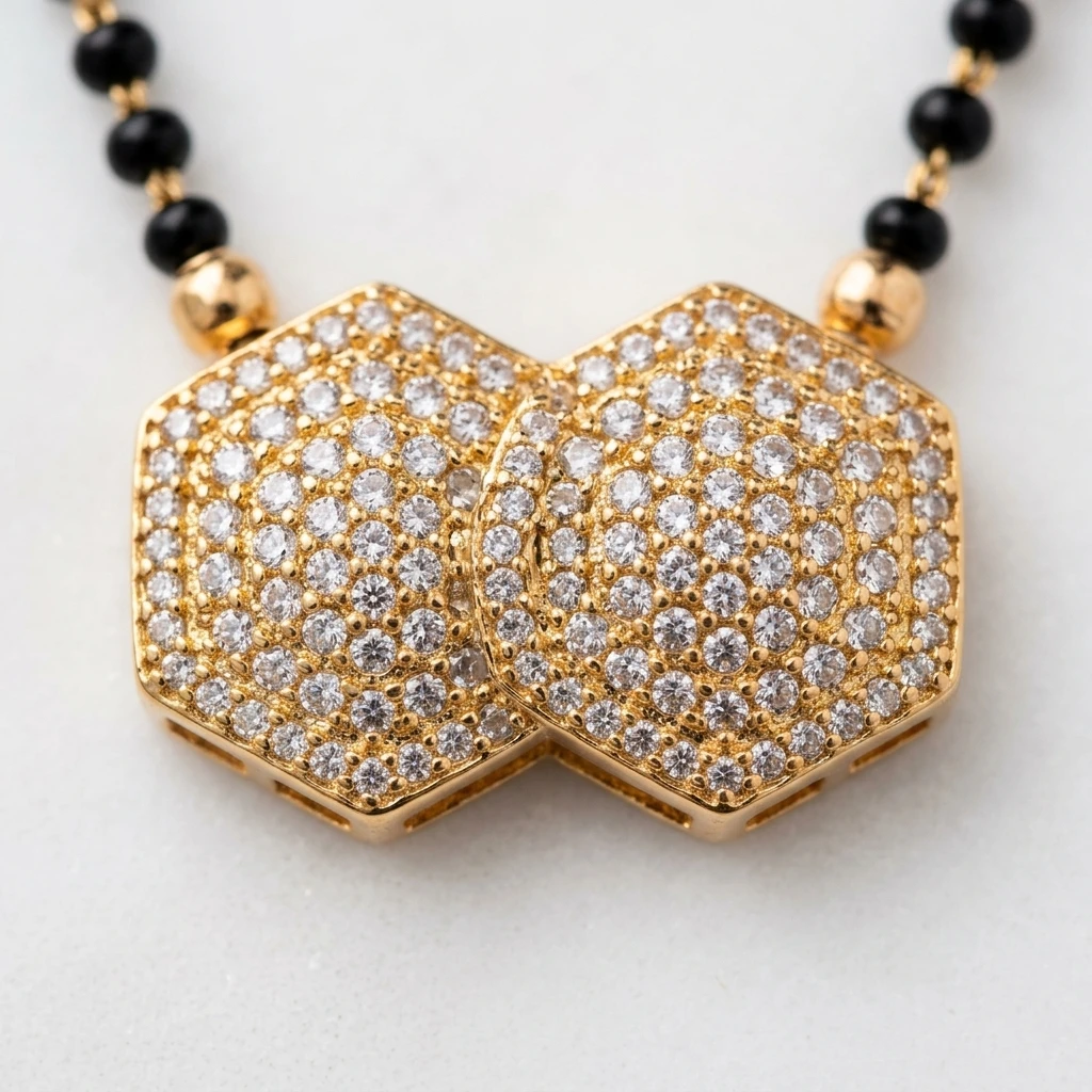 Rose Gold Dual Hex-Dome AD Pendant Short Mangalsutra - Macro Detail Craftsmanship Focus