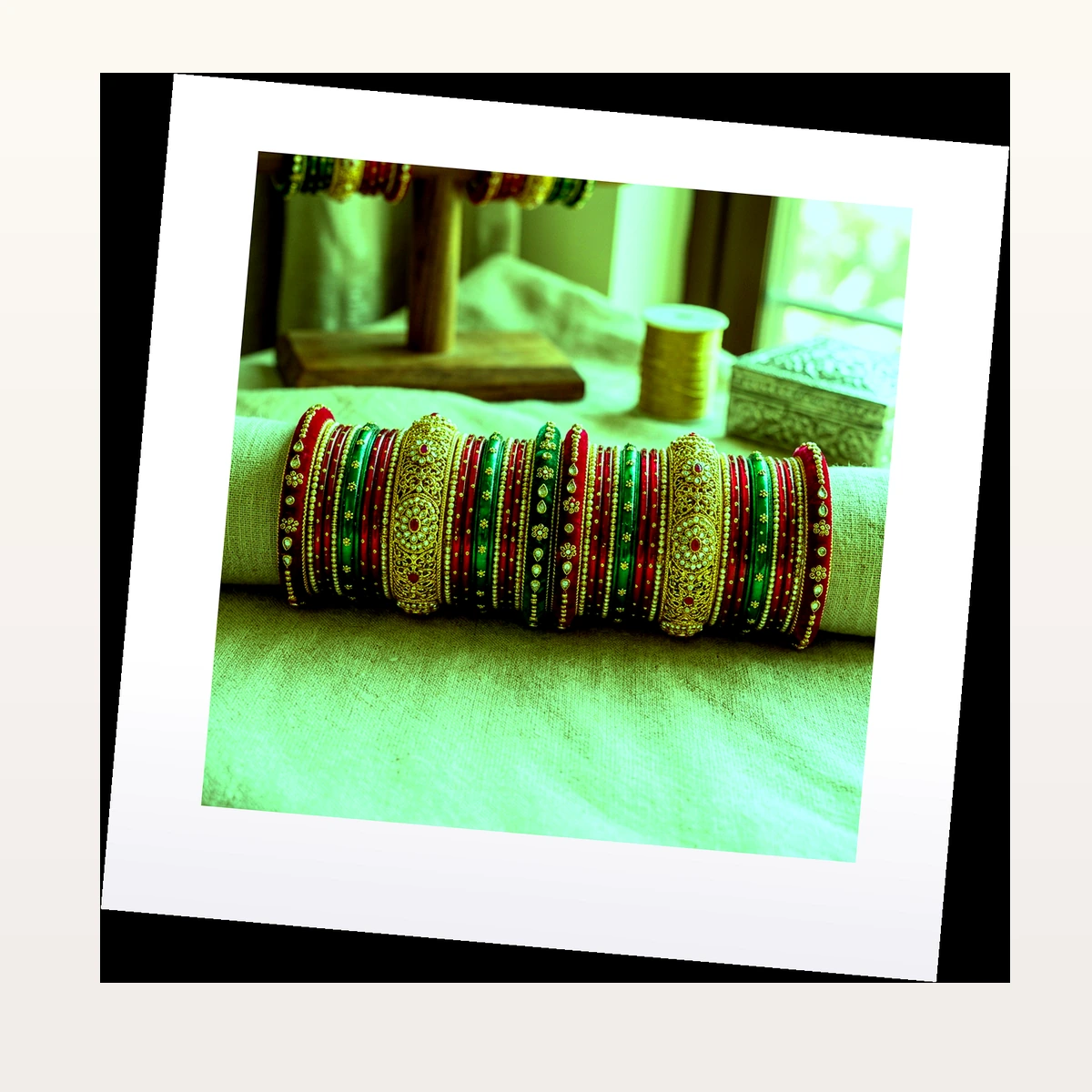 Emerald Green Golden Zari Border Glass Bangles (Set of 12) - 45° Hero Perspective View