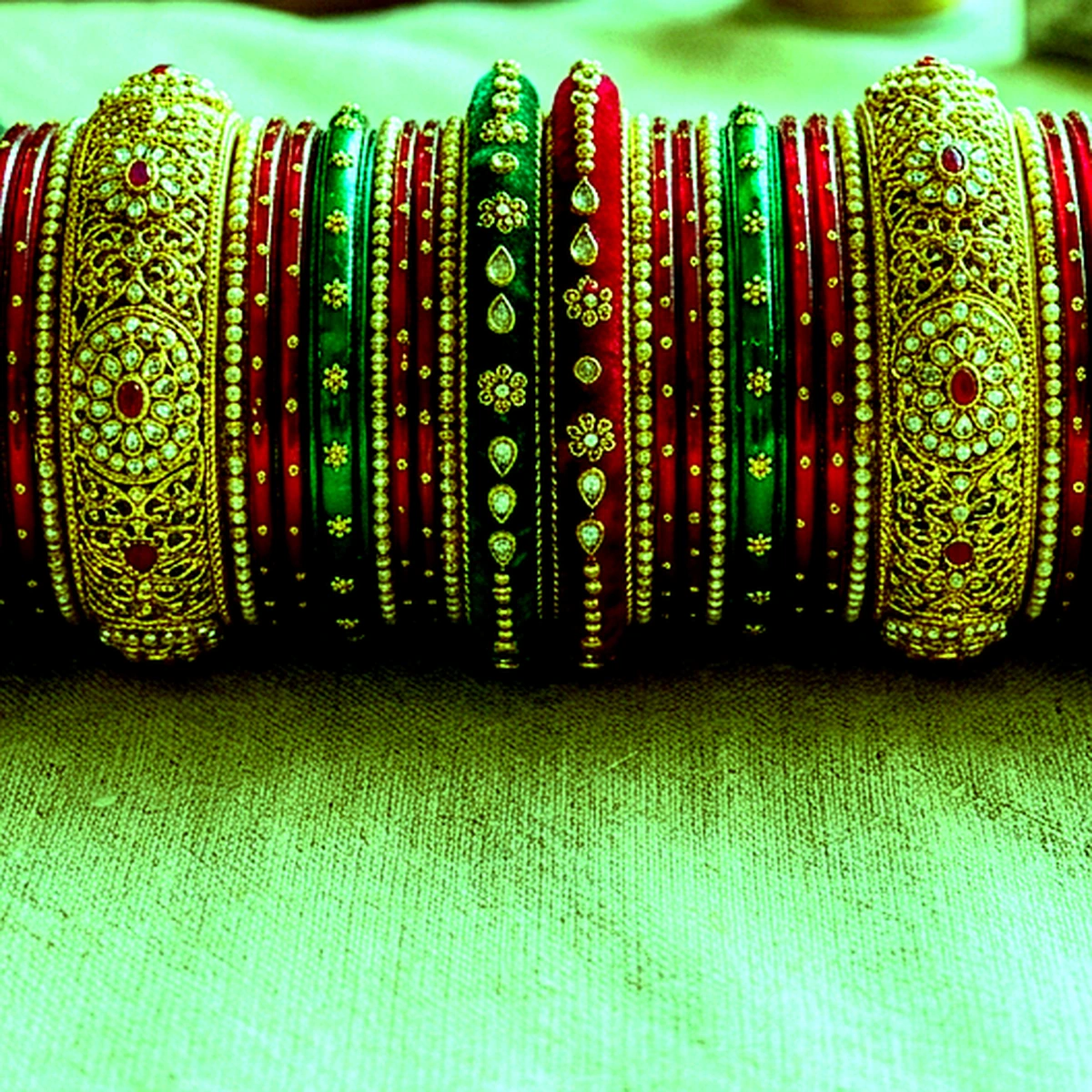 Emerald Green Golden Zari Border Glass Bangles (Set of 12) - Macro Craftsmanship Detail View