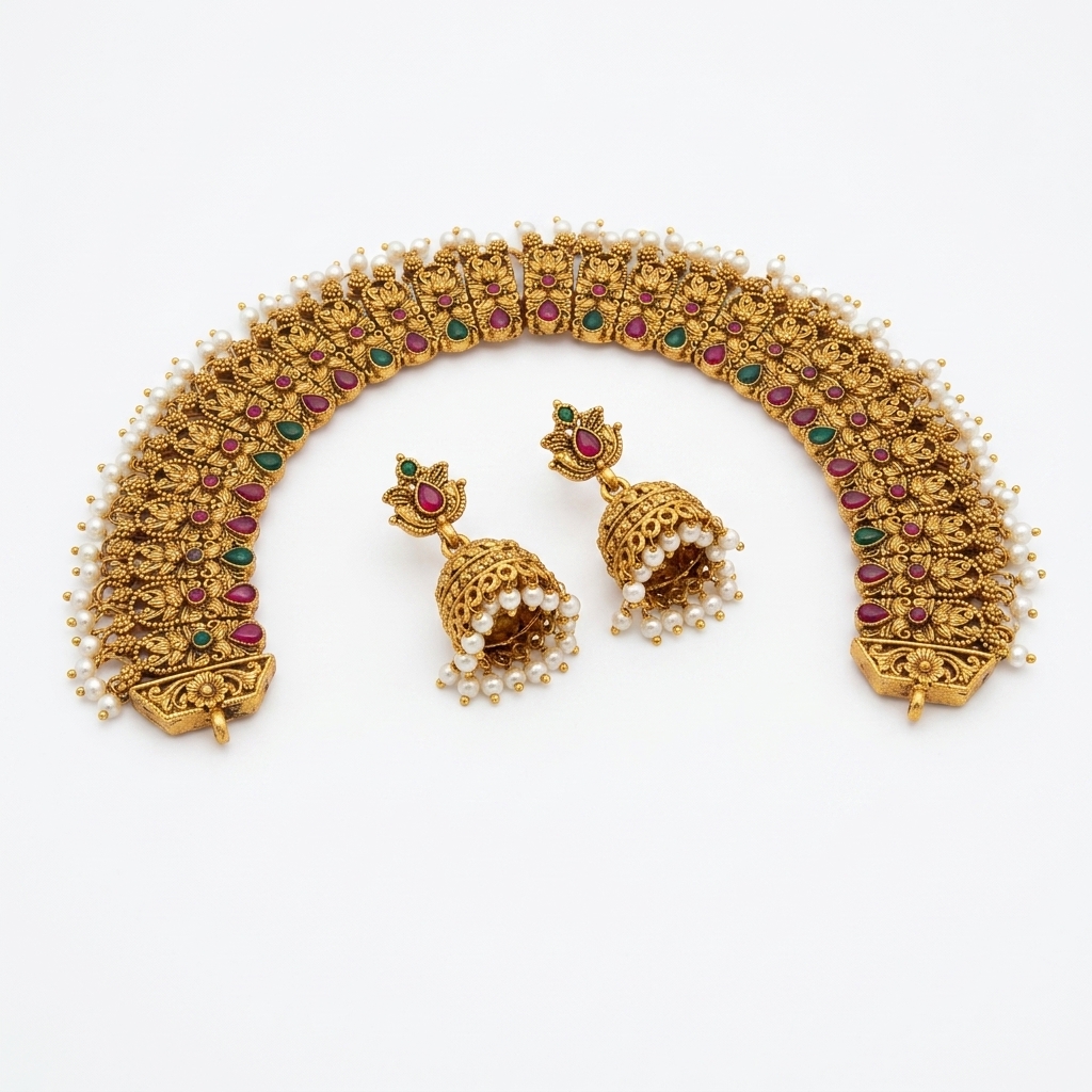 Antique Matte Gold Floral Kemp & Pearl Band Choker Set - 45° Hero Perspective Angle