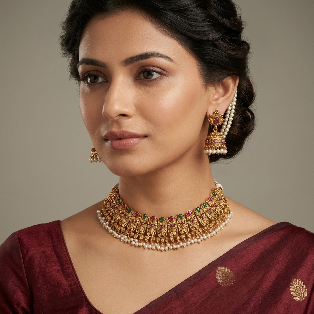 Antique Matte Gold Floral Kemp & Pearl Band Choker Set - On-Model Luxury Lifestyle Shot