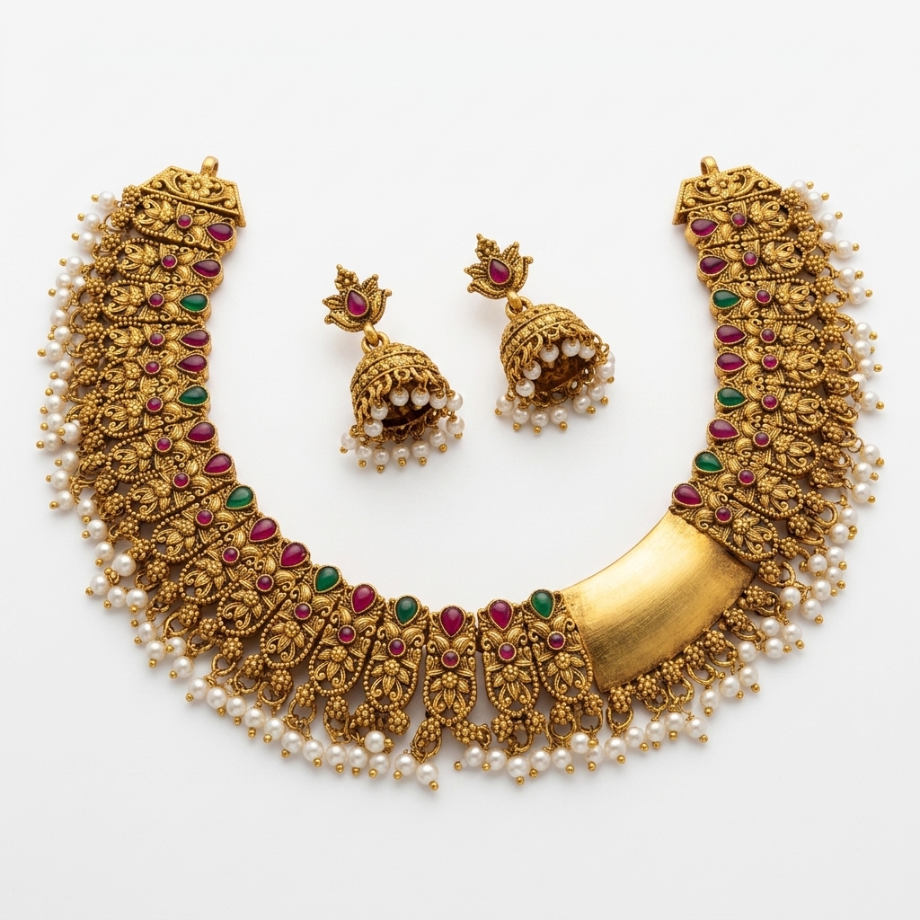 Antique Matte Gold Floral Kemp & Pearl Band Choker Set - Macro Detail Craftsmanship Focus