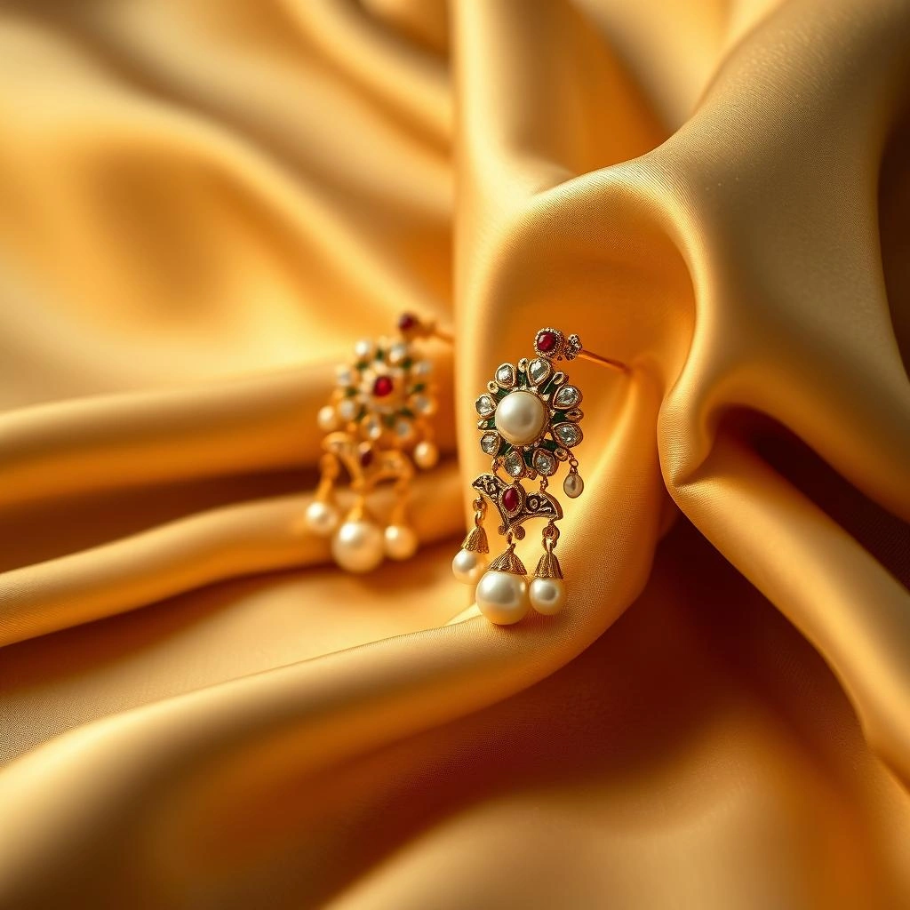 Antique 1-Gram Gold Geometric Jali Work Ear Cuffs with Pearl Drops - 45° Hero Perspective Angle