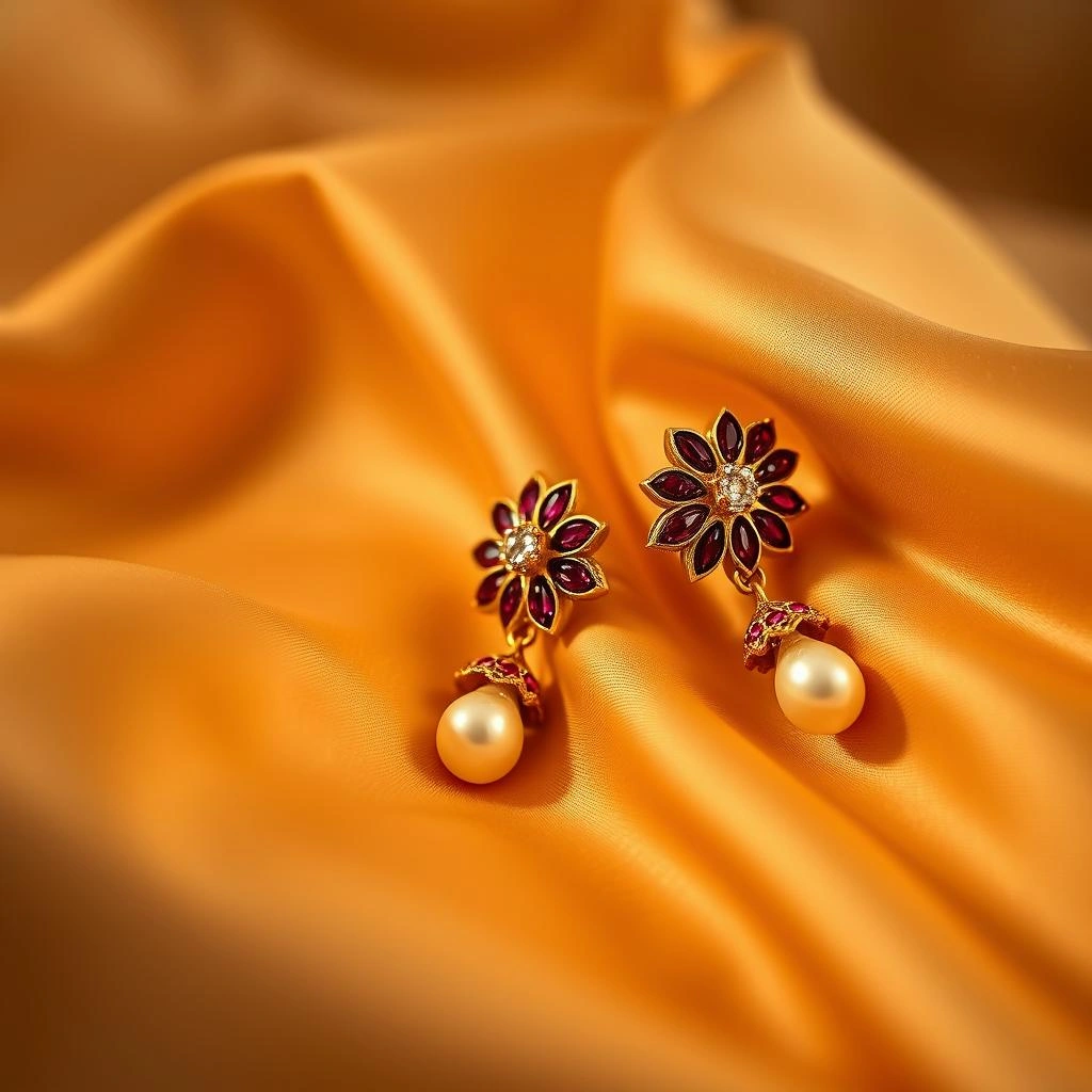 Antique 1-Gram Gold Plated Floral Ear Cuffs with Ruby Studs & Pearl Drops - 45° Hero Perspective Angle