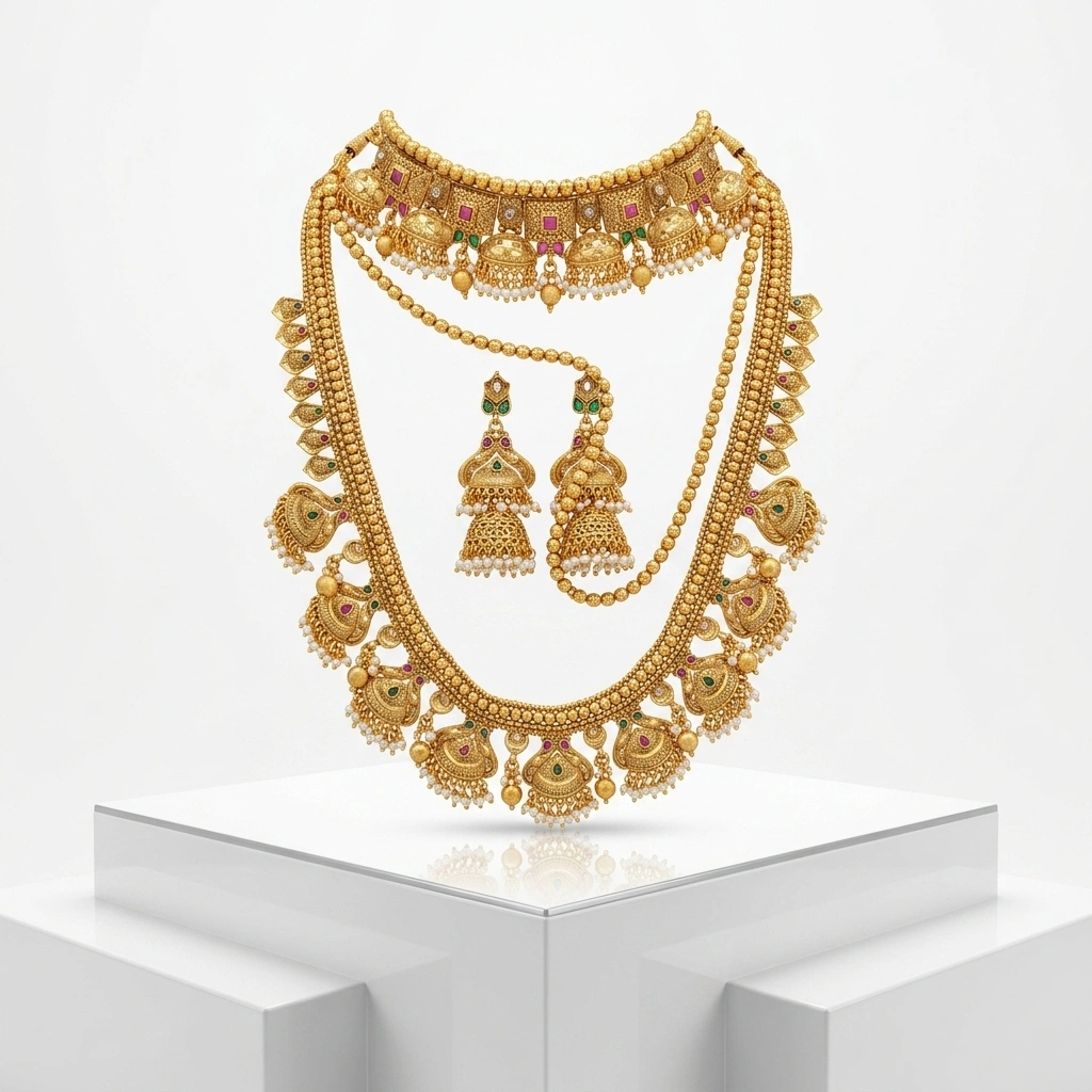 Bridal 1-Gram Gold Plated Dome Locket Choker & Multi-Strand Rani Haar Combo Set