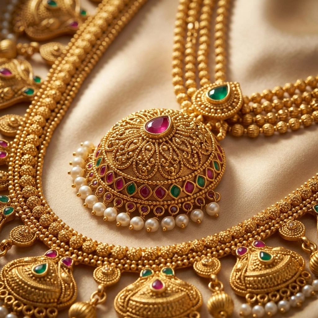 Bridal 1-Gram Gold Plated Dome Locket Choker & Multi-Strand Rani Haar Combo Set - Macro Detail Craftsmanship Focus