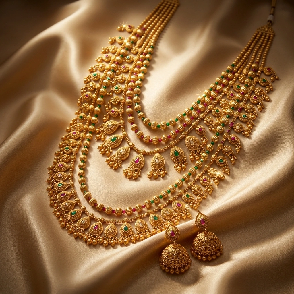 Grand 1-Gram Gold Plated Maharashtrian Bridal Combo Set with Kemp Stones & Jhumkas - 45° Hero Perspective Angle