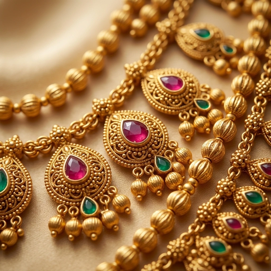 Grand 1-Gram Gold Plated Maharashtrian Bridal Combo Set with Kemp Stones & Jhumkas - Macro Detail Craftsmanship Focus