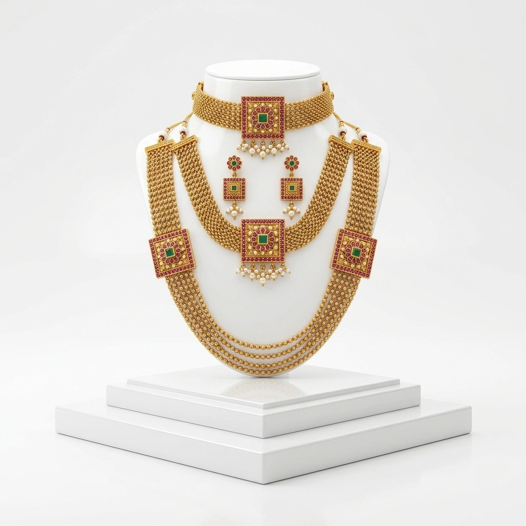 Grand Maharashtrian 1-Gram Gold Chatai Mesh Haram & Choker Bridal Combo Set