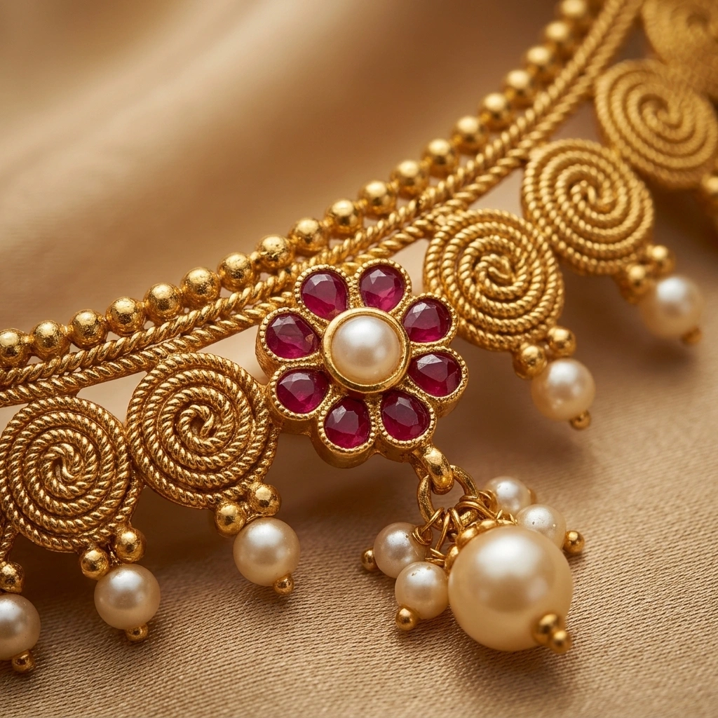 Heritage 1-Gram Gold Spiral Jalebi Haar & Matching Choker Bridal Set - Macro Detail Craftsmanship Focus