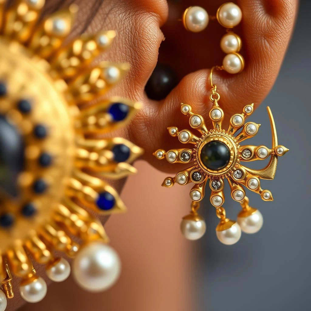 Heritage 1-Gram Gold Sunburst & Chand Ear Cuffs with Pearl Strings - Macro Detail Craftsmanship Focus