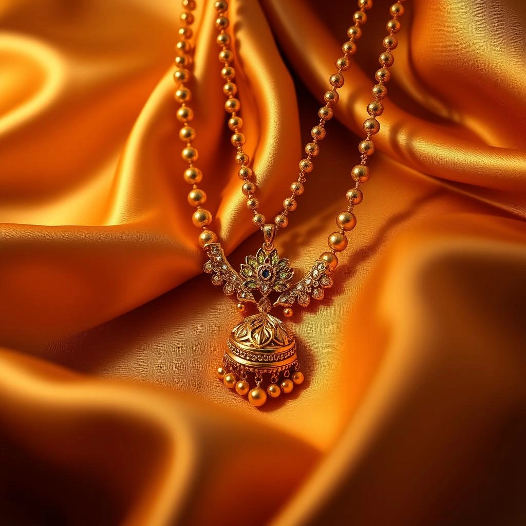 Multi-Line Golden Bead Haar with Laxmi Peacock Dome Pendant - 45° Hero Perspective Angle