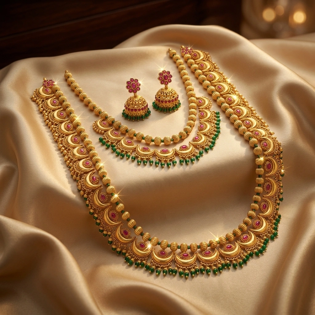 Royal 1-Gram Gold Plated Chand Motif Long Haram & Short Necklace Combo with Jhumkas - 45° Hero Perspective Angle