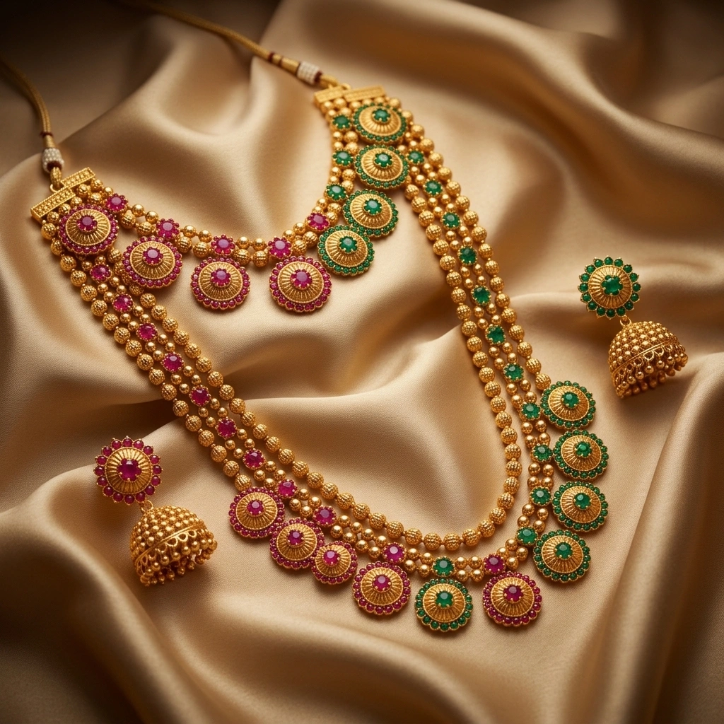 Royal 1-Gram Gold Plated Kemp Ruby & Emerald Bridal Combo Set - Short & Long Necklace with Jhumkas - 45° Hero Perspective Angle