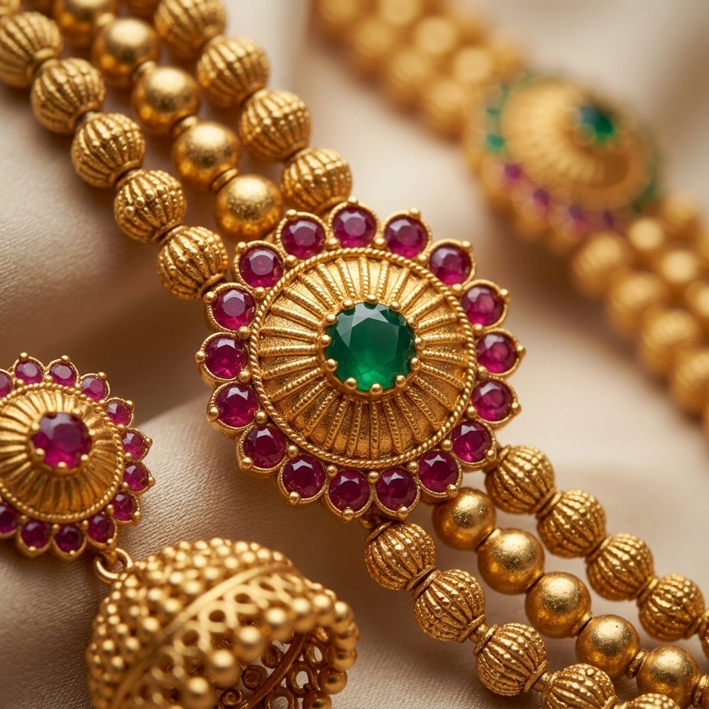 Royal 1-Gram Gold Plated Kemp Ruby & Emerald Bridal Combo Set - Short & Long Necklace with Jhumkas - Macro Detail Craftsmanship Focus