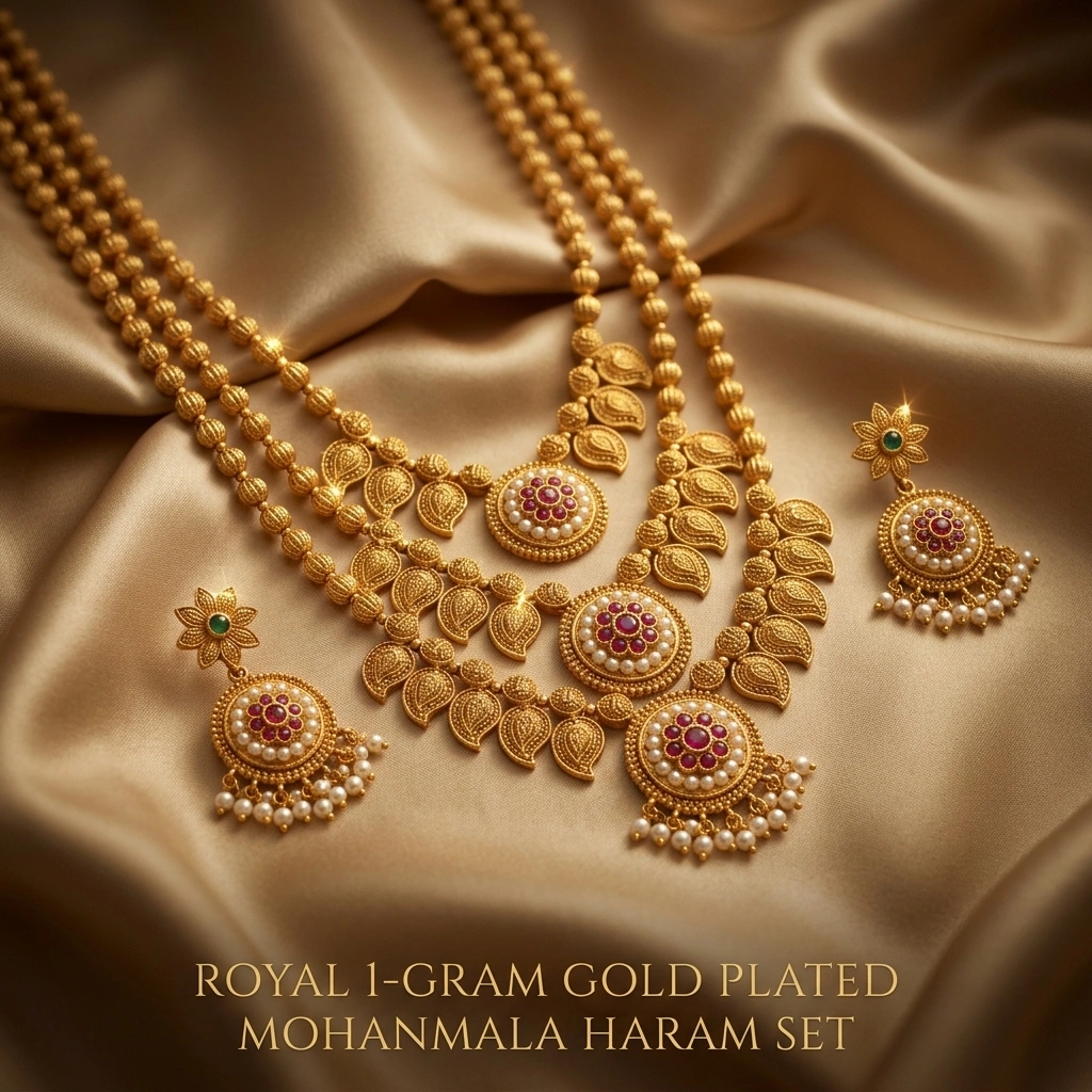 Royal 1-Gram Gold Plated Multi-Layered Mohanmala Haram Set with Kemp Ruby & Pearls - 45° Hero Perspective Angle